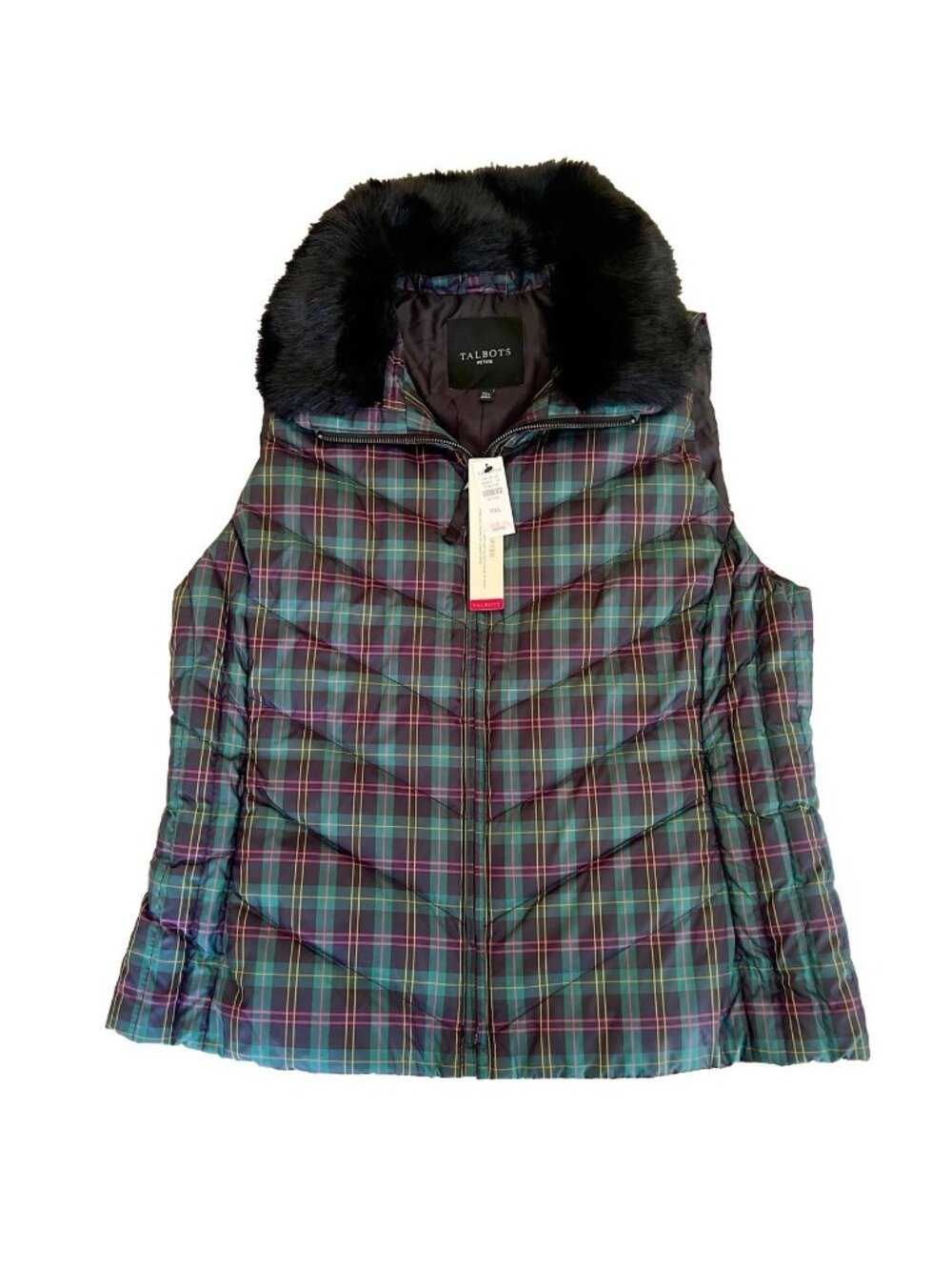 Talbots NWT Tartan Plaid Down Puffer Vest Black Faux Fur Trim Collar Womens XLp